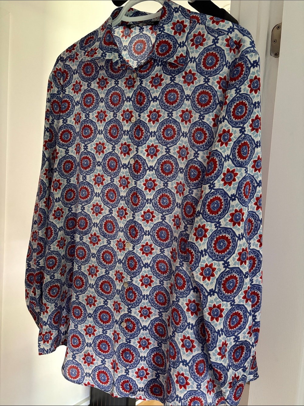 Zara Red, Blue & White Printed Button-Up Blouse